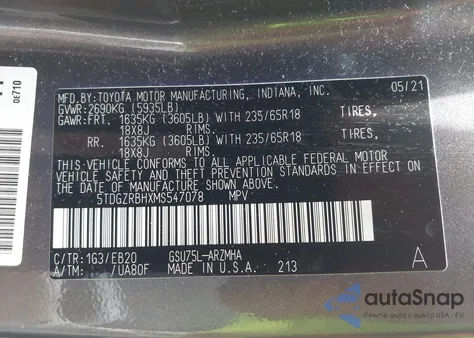 2021 Toyota Highlander Xle from USA, damaged, VIN 5TDGZRBHXMS547078